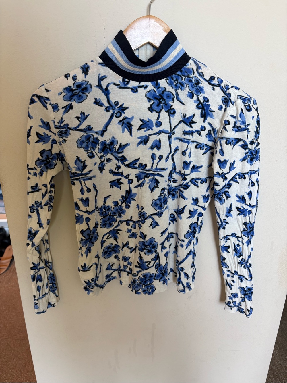 Tory Burch Blue Floral Mock Neck Long Sleeve Top